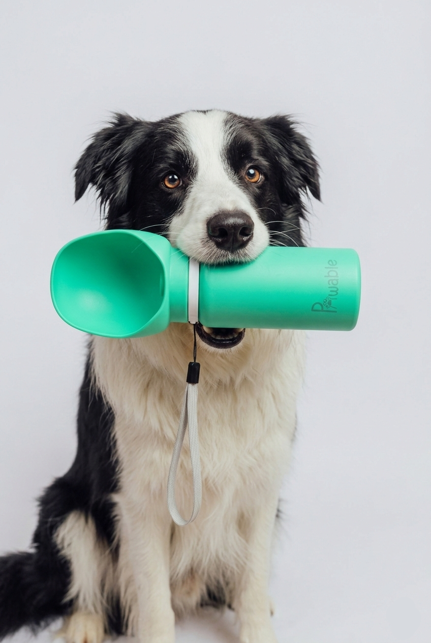 A dog carrying a dog water bottle from pawable 