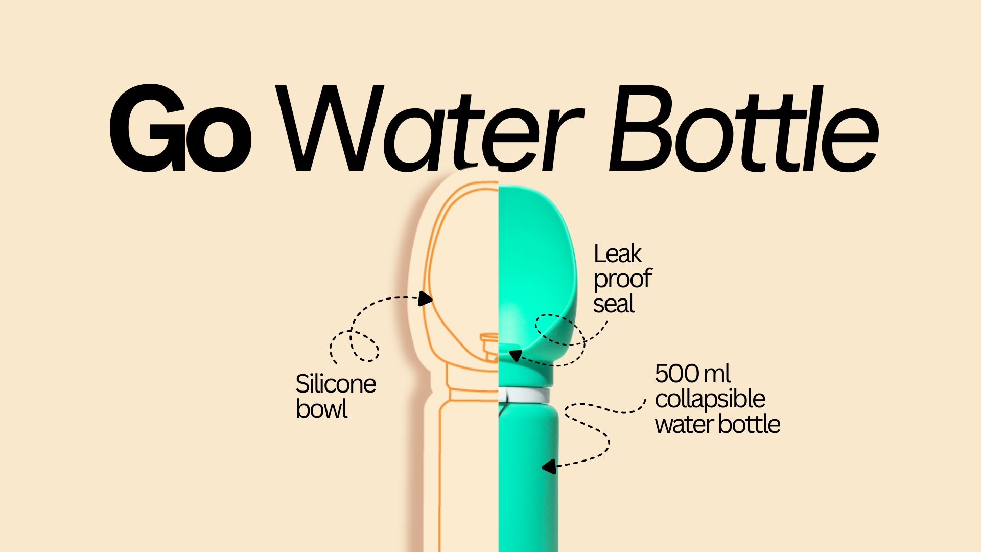 A hero diagram of a collapsible dog water bottle with labeled parts on a beige background